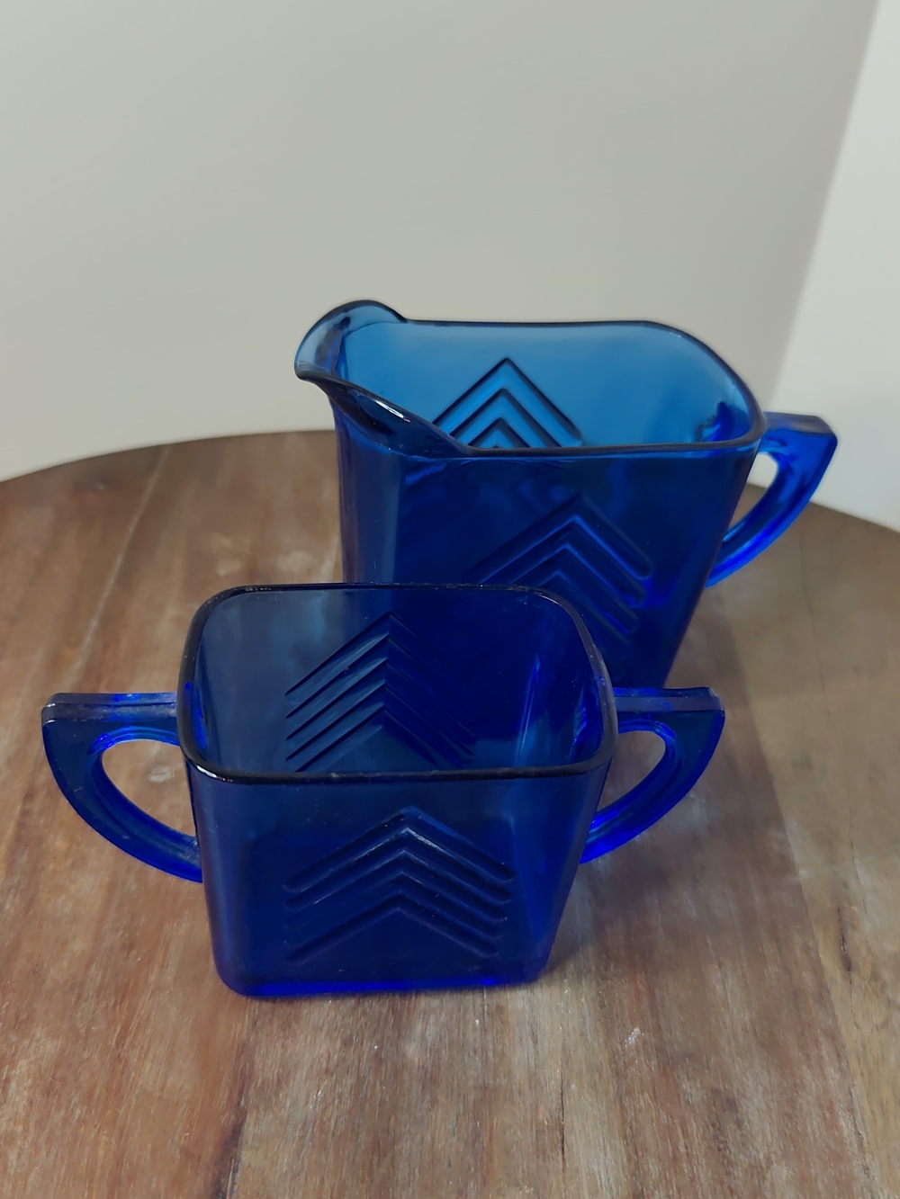 Cobalt Blue Chevron Glass Creamer and Sugar Set